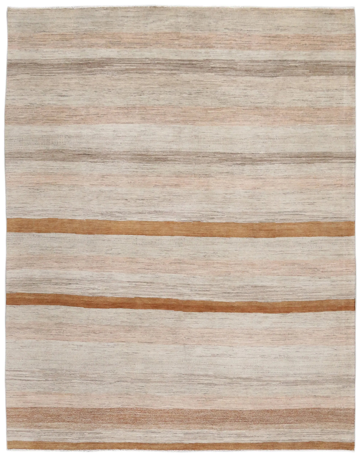 Beige Gabbeh Rug with Ochre Stripes, 300 × 236 cm, overall view.