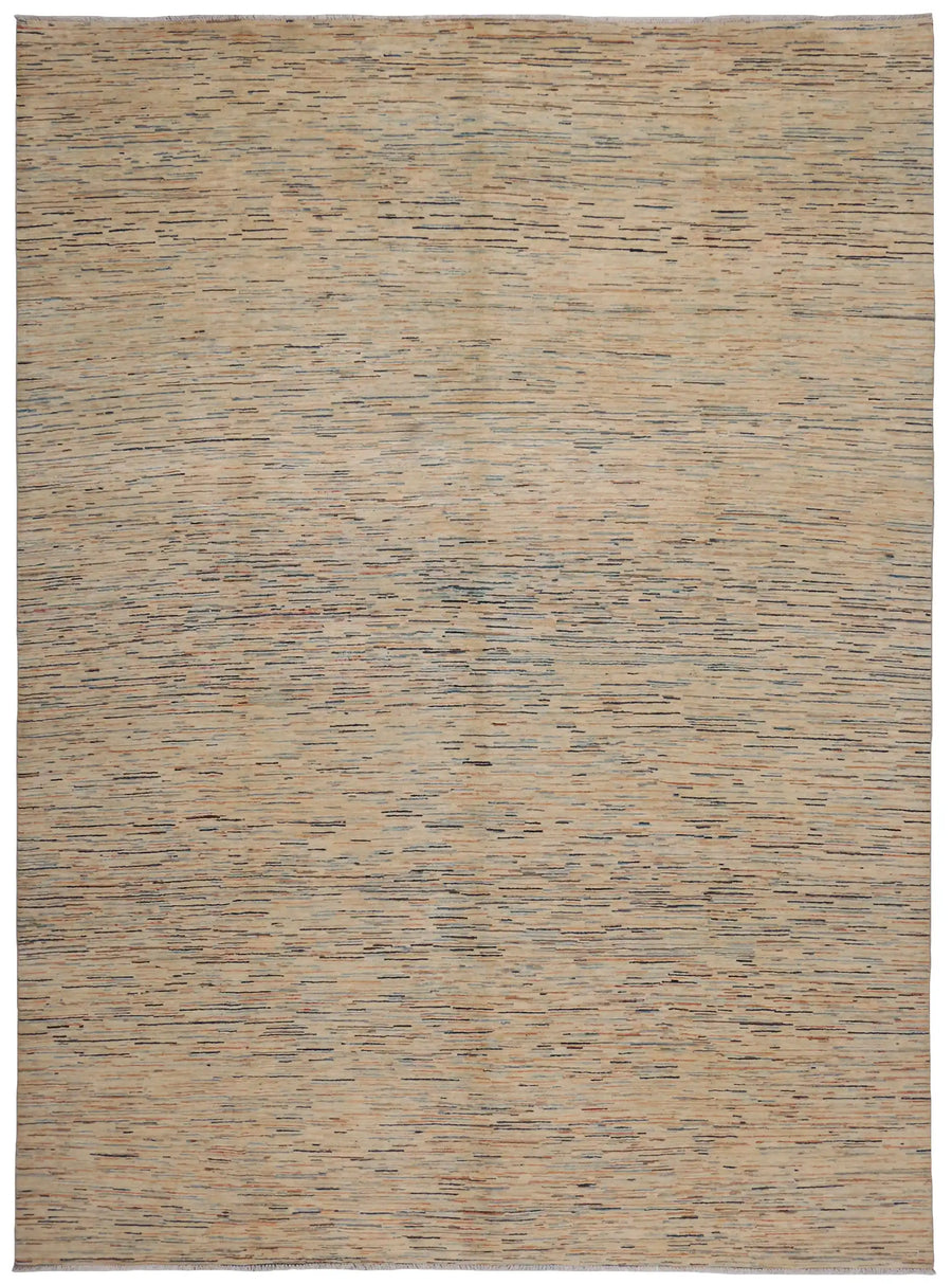 Sand Wool Rug with Fine Blue Horizontal Lines, 387 × 295 cm, overall view.