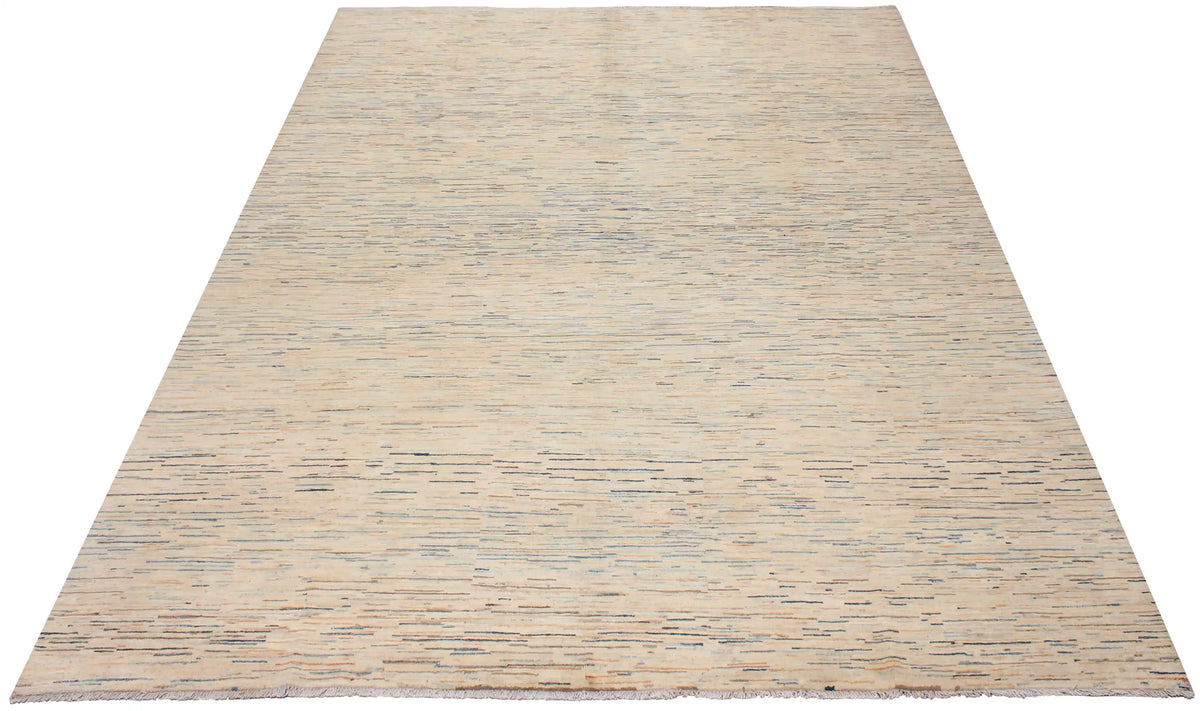 Sand Wool Rug with Fine Blue Horizontal Lines, 387 × 295 cm, view 2.