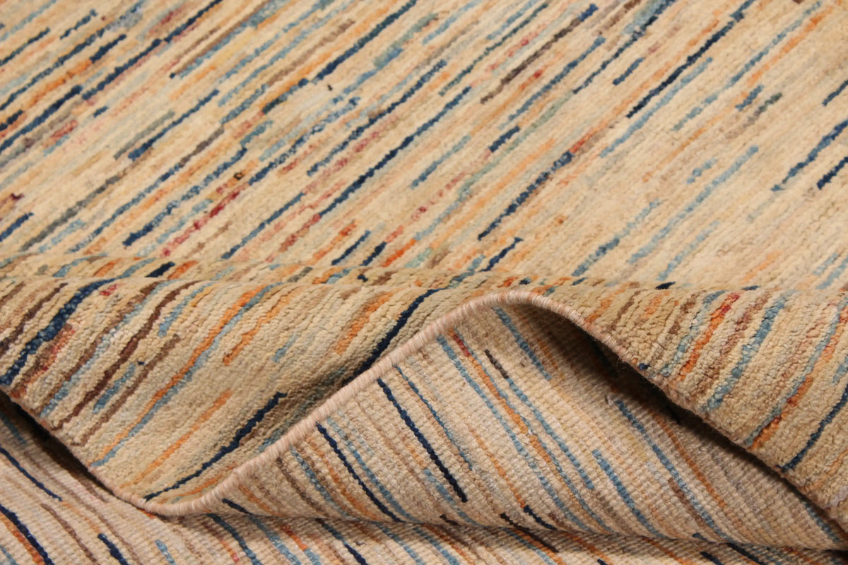 Sand Wool Rug with Fine Blue Horizontal Lines, 387 × 295 cm, view 8.