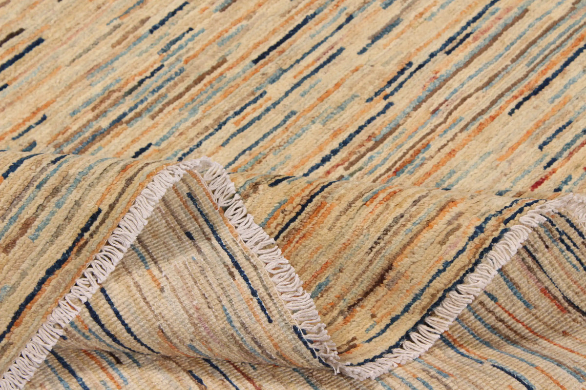 Sand Wool Rug with Fine Blue Horizontal Lines, 387 × 295 cm, view 9.