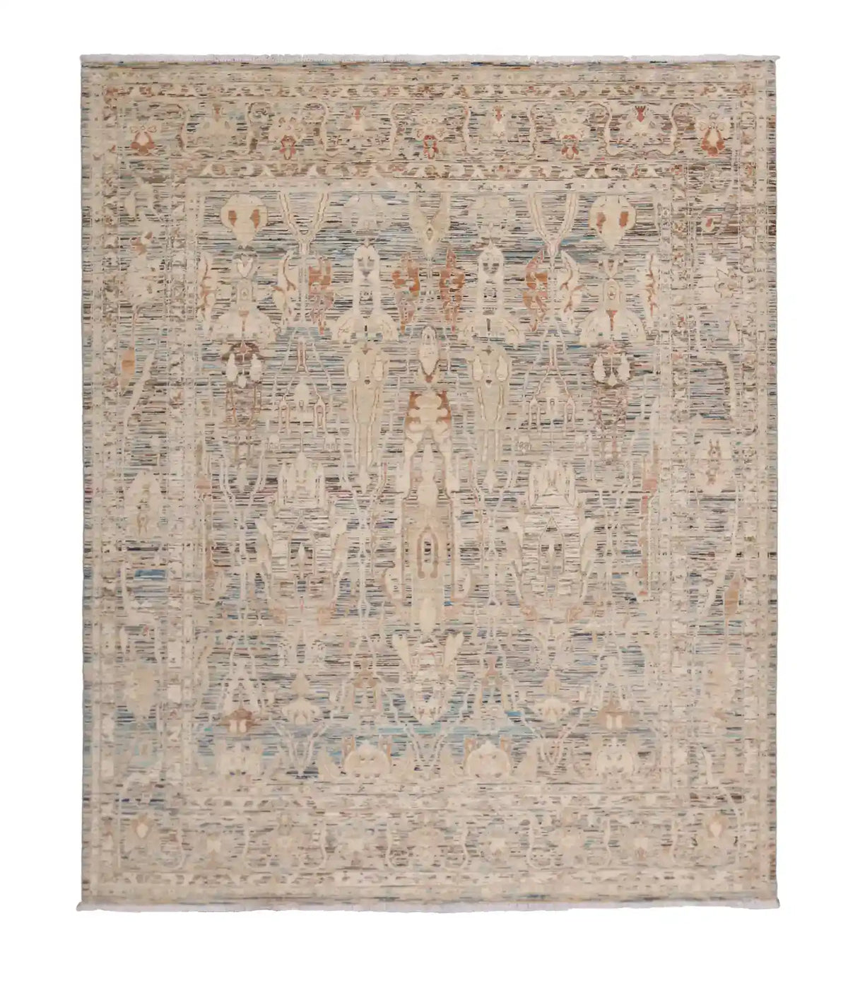 Cream Afghan Rug with Blue Leaf Motifs, 298 × 252 cm, overall view.