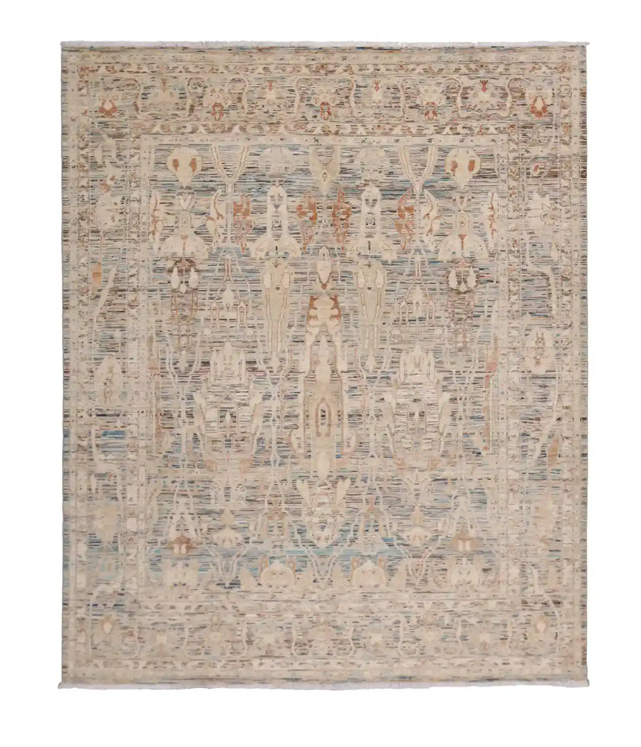 Cream Afghan Rug with Blue Leaf Motifs, 298 × 252 cm, overall view.