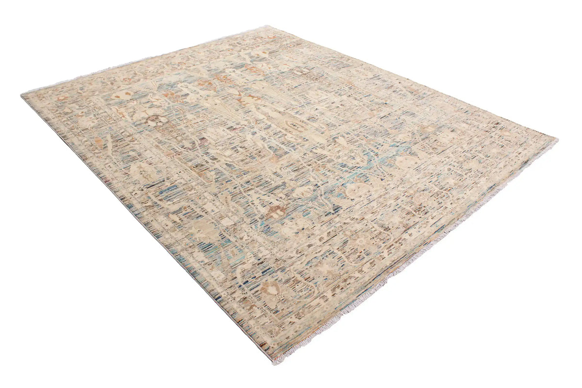 Cream Afghan Rug with Blue Leaf Motifs, 298 × 252 cm, view 3.