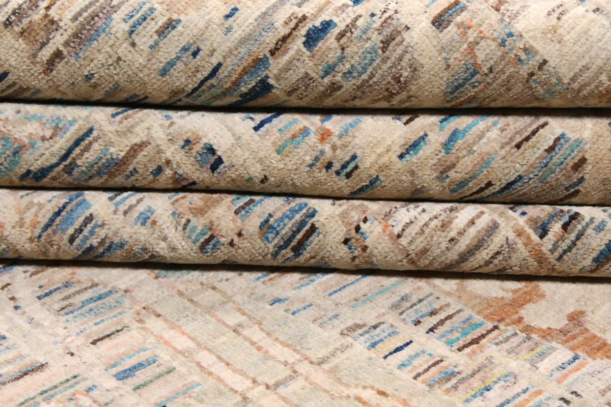 Cream Afghan Rug with Blue Leaf Motifs, 298 × 252 cm, view 6.