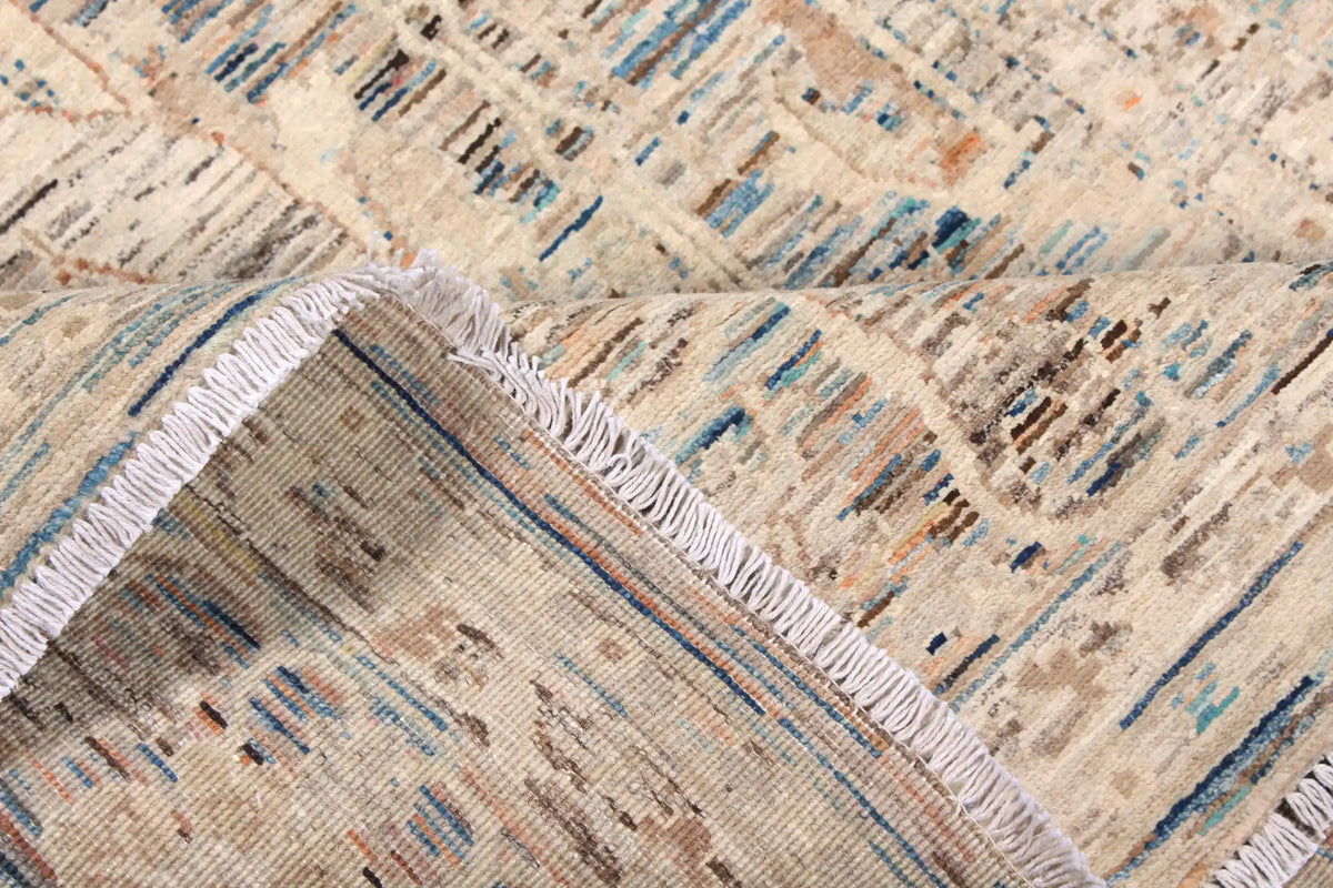 Cream Afghan Rug with Blue Leaf Motifs, 298 × 252 cm, view 7.