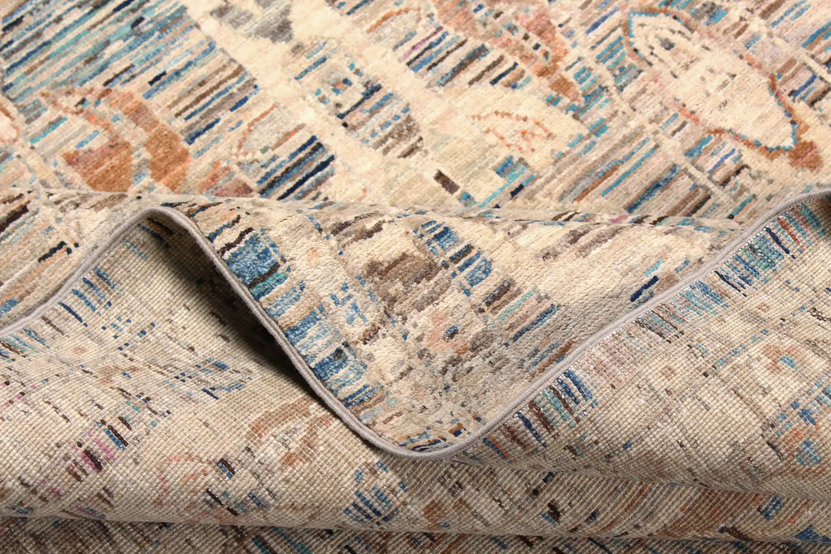 Cream Afghan Rug with Blue Leaf Motifs, 298 × 252 cm, view 8.