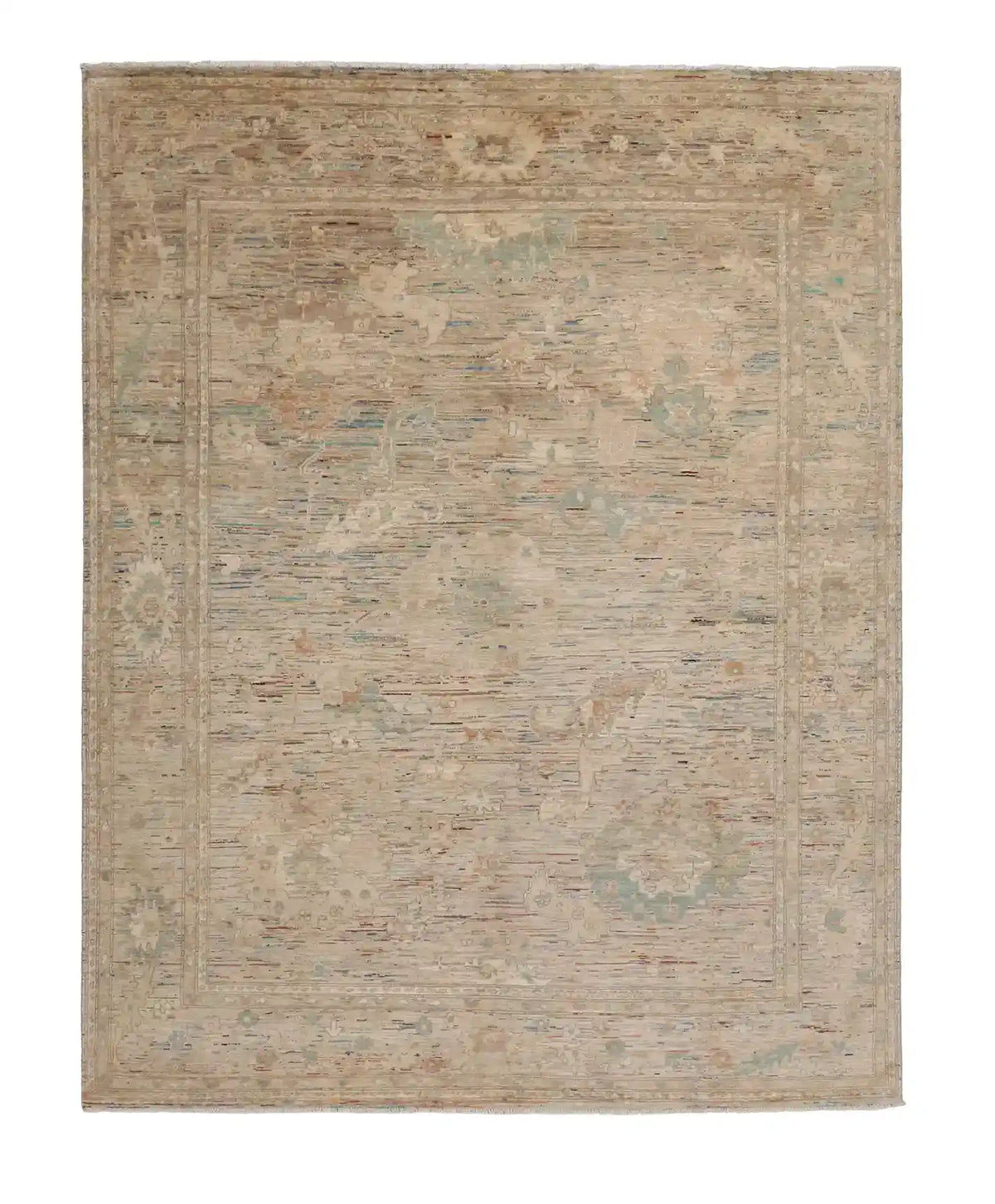 Beige Afghan Rug with Delicate Green Flowers, 300 × 243 cm, overall view.