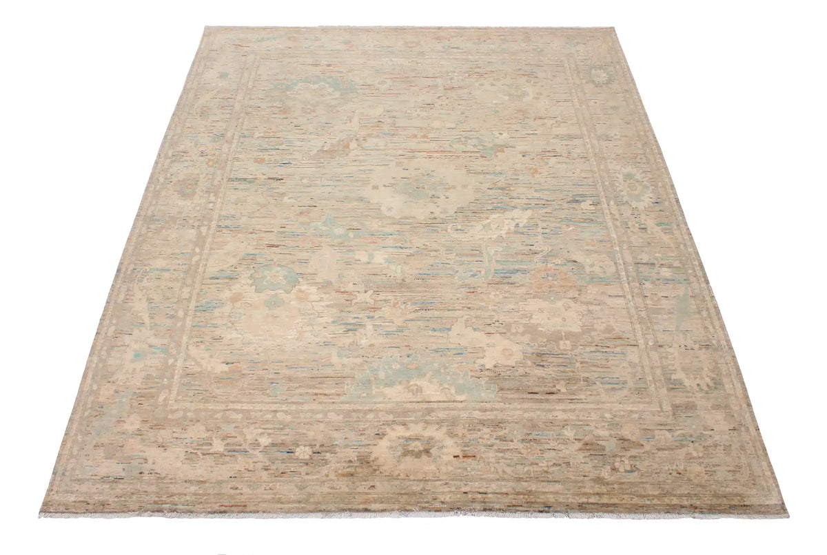 Beige Afghan Rug with Delicate Green Flowers, 300 × 243 cm, view 2.