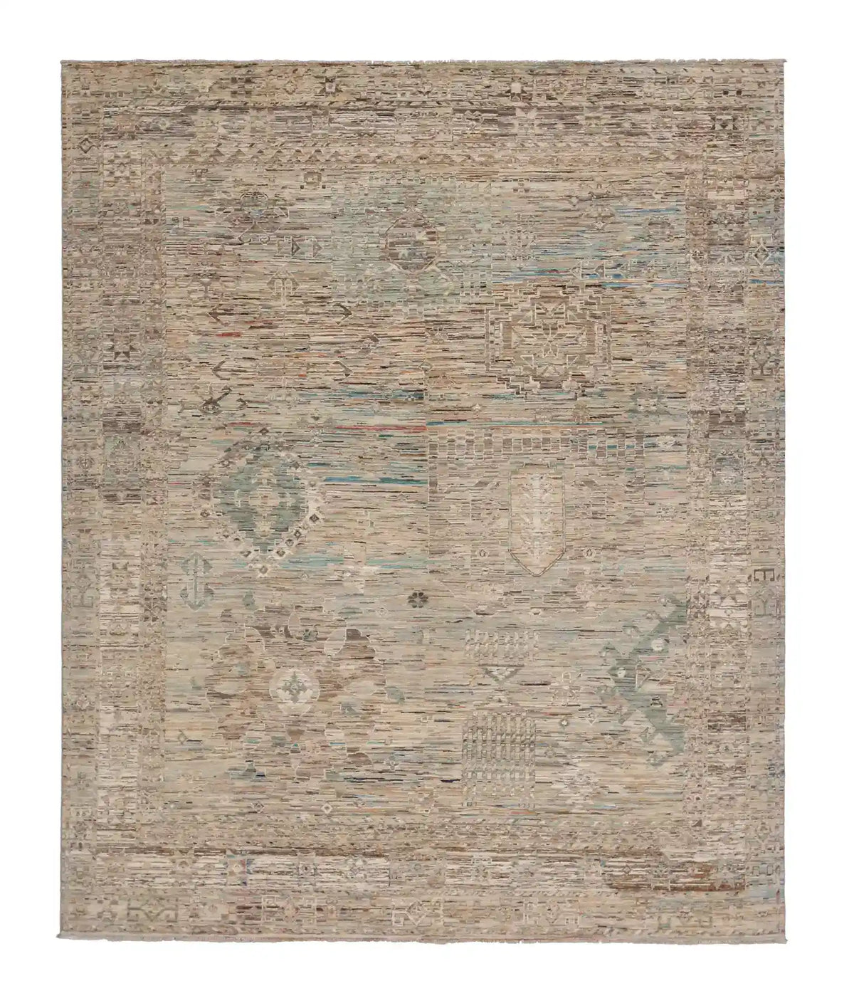 Gray-Brown Afghan Rug with Light Rosettes, 303 × 257 cm, overall view.