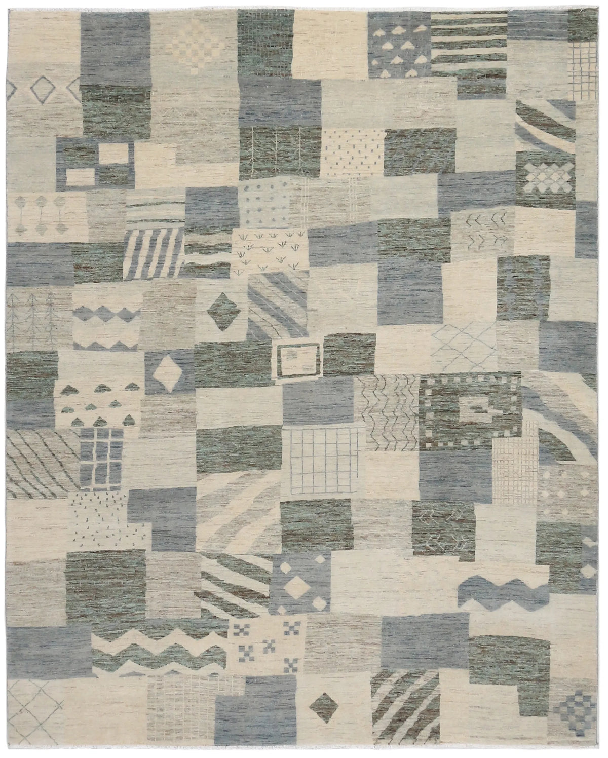 Gray Afghan Rug with Graphic Blocks, 307 × 245 cm, overall view.