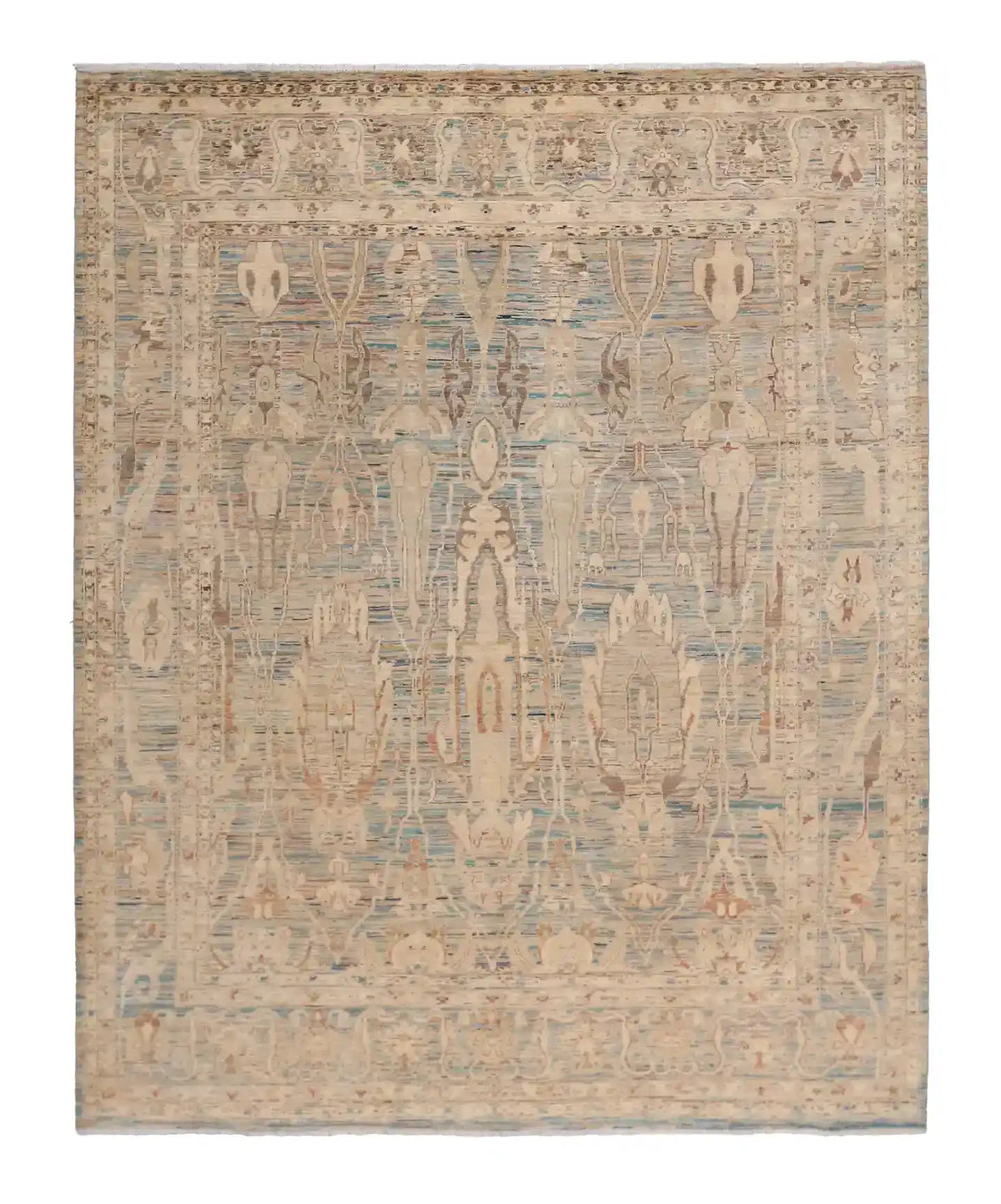 Afghan Rug with Long Blue & Cream Leaf Motifs, 308 × 250 cm, overall view.