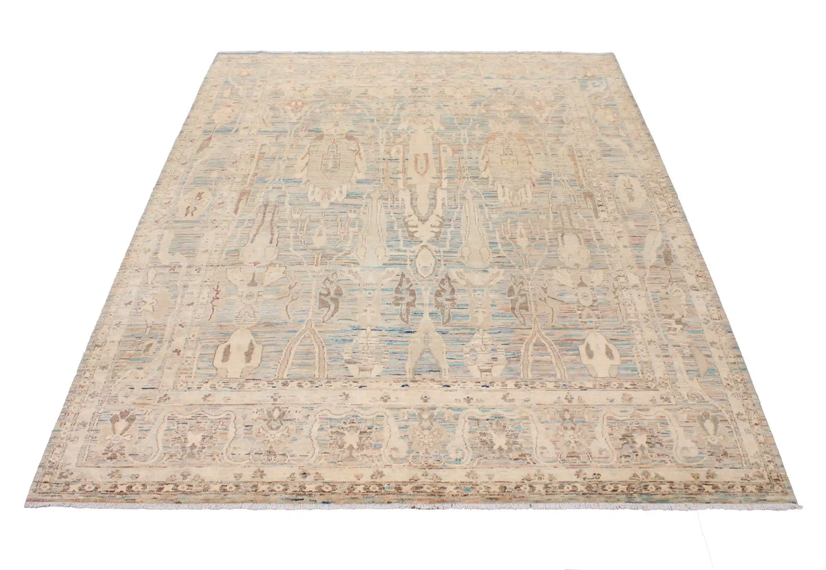 Afghan Rug with Long Blue & Cream Leaf Motifs, 308 × 250 cm, view 2.