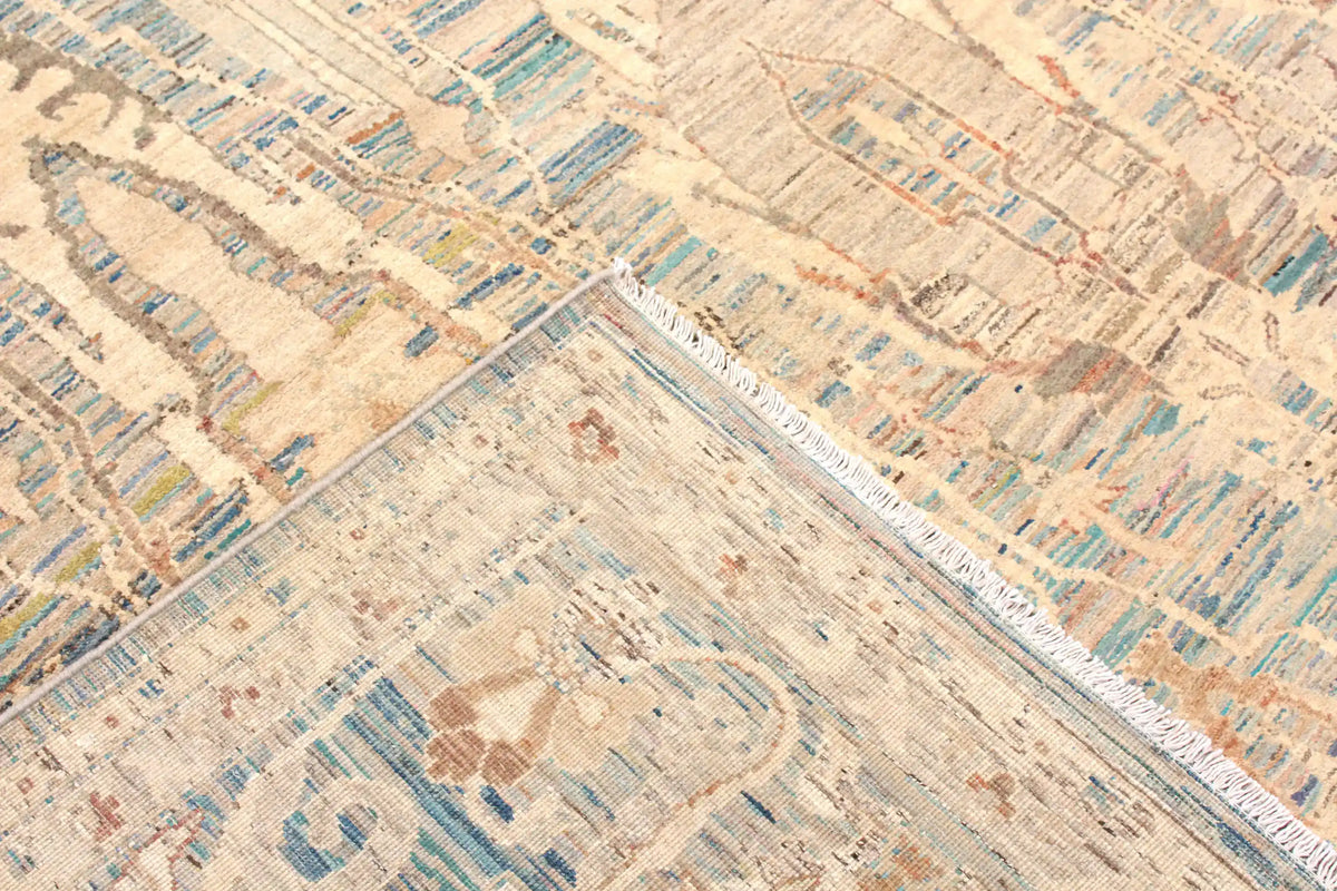 Afghan Rug with Long Blue & Cream Leaf Motifs, 308 × 250 cm, view 6.