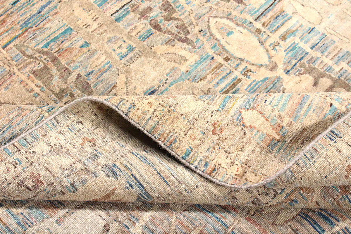 Afghan Rug with Long Blue & Cream Leaf Motifs, 308 × 250 cm, view 8.