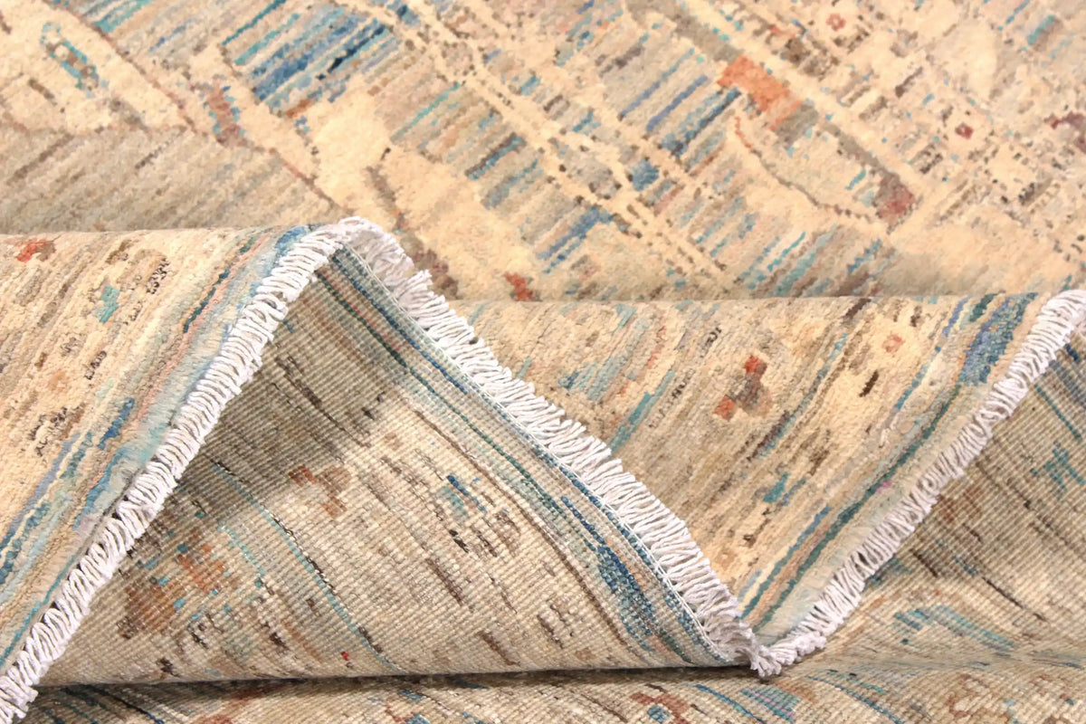 Afghan Rug with Long Blue & Cream Leaf Motifs, 308 × 250 cm, view 9.