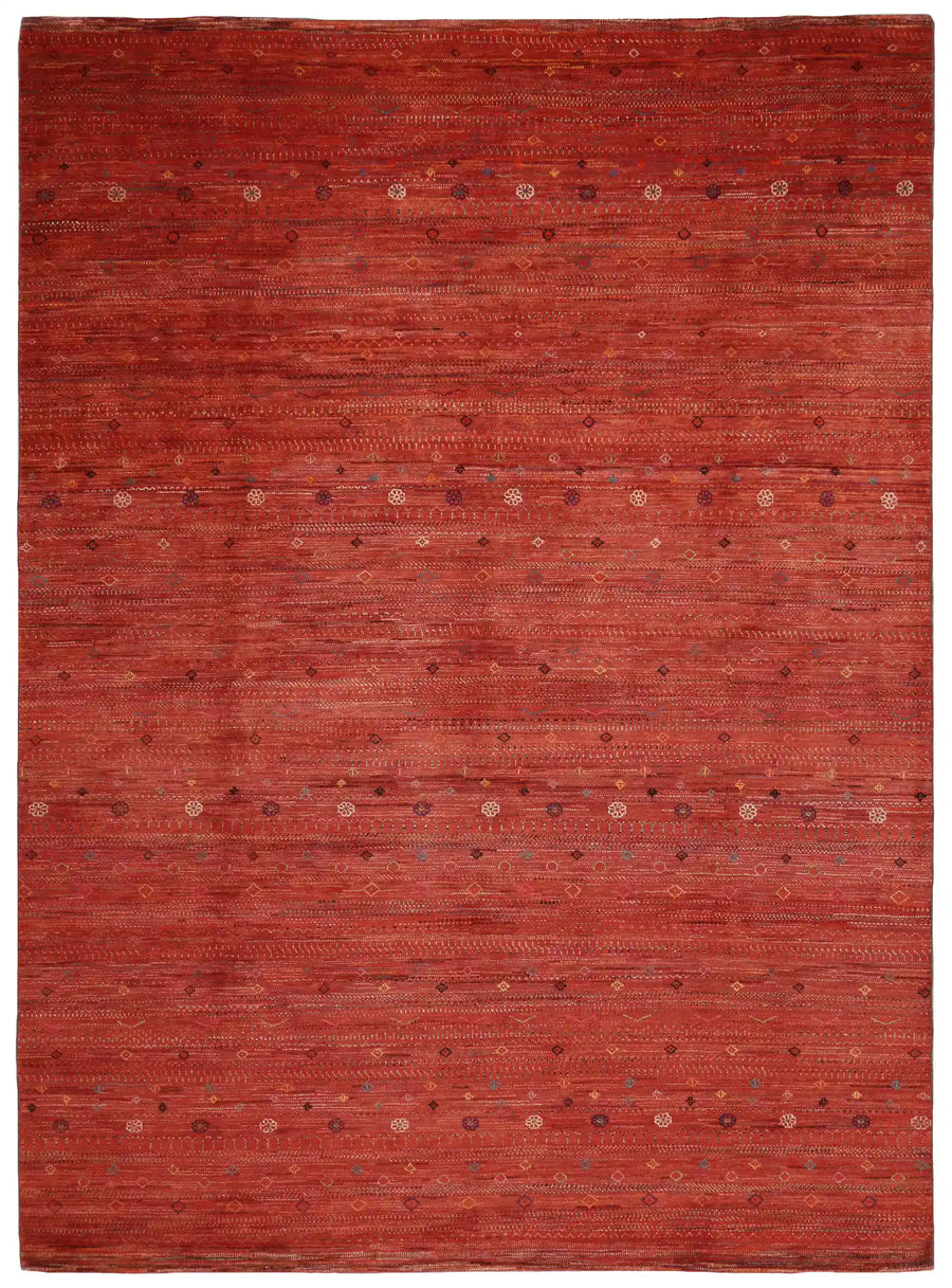 Red Atash Rug with Small Colorful Motifs, 416 × 307 cm, overall view.
