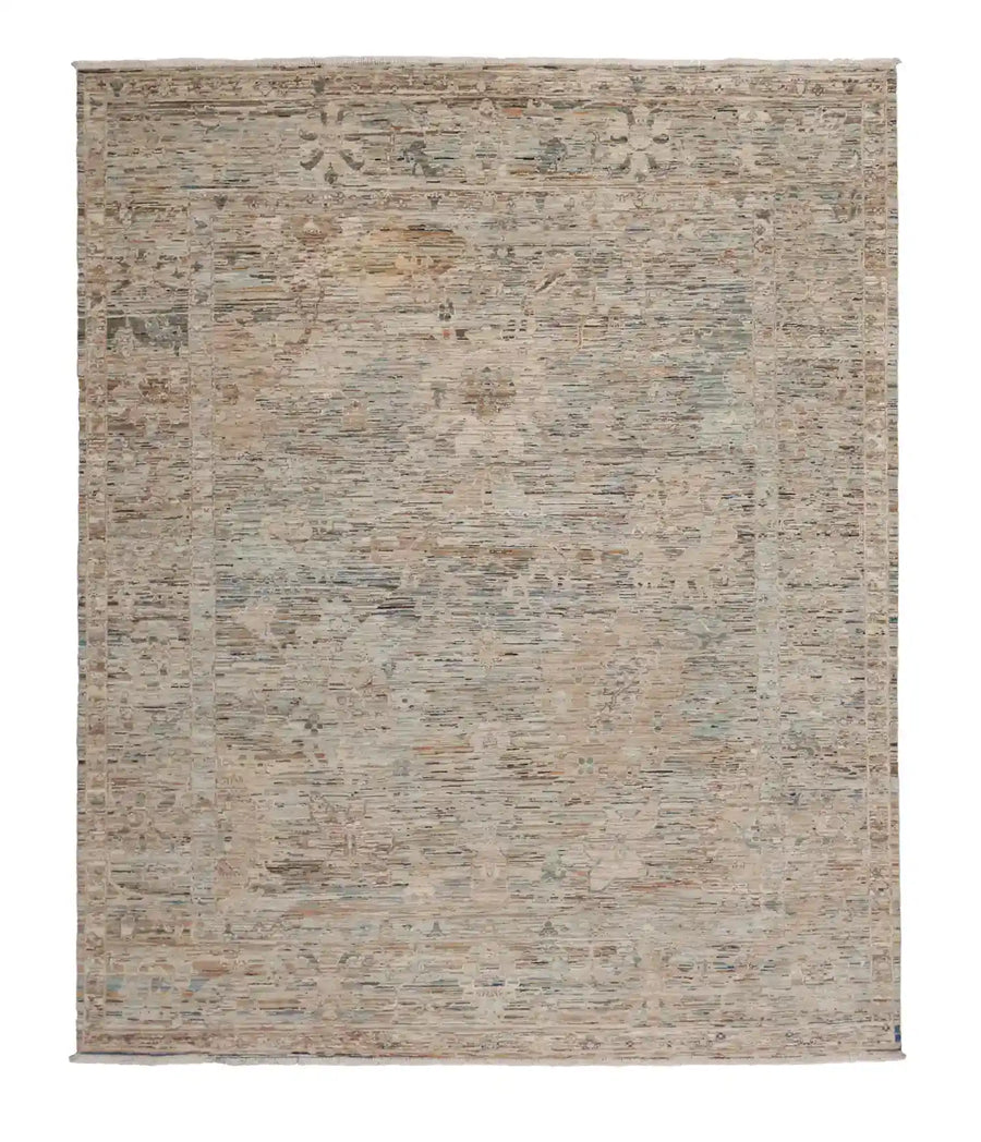 Gray-Beige Wool Rug with Blue Floral Accents, 297 × 252 cm, overall view.
