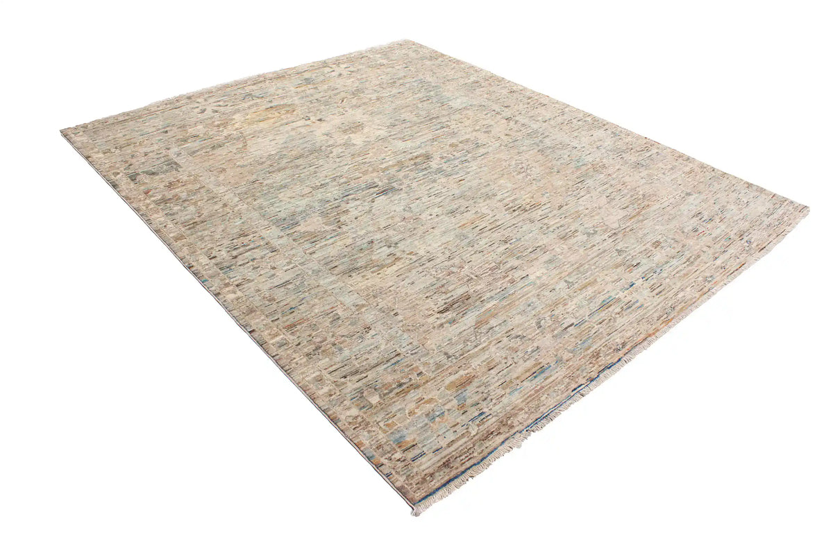Gray-Beige Wool Rug with Blue Floral Accents, 297 × 252 cm, view 2.