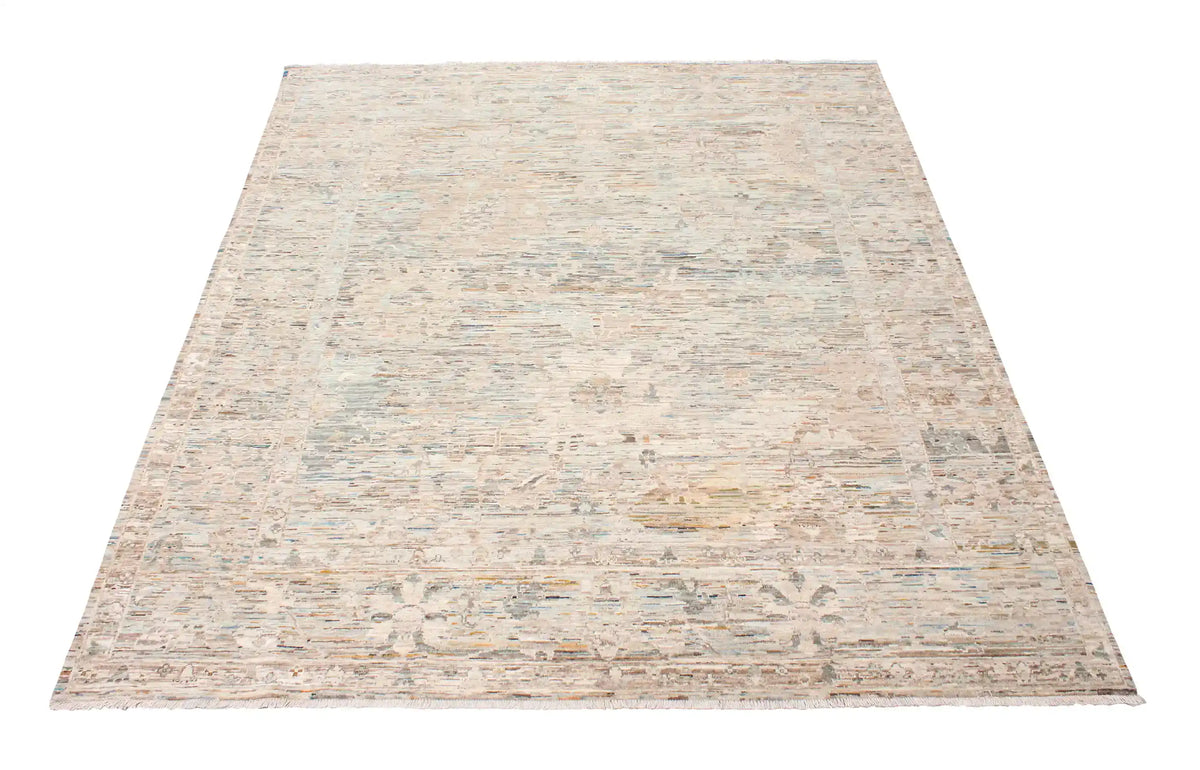 Gray-Beige Wool Rug with Blue Floral Accents, 297 × 252 cm, view 3.