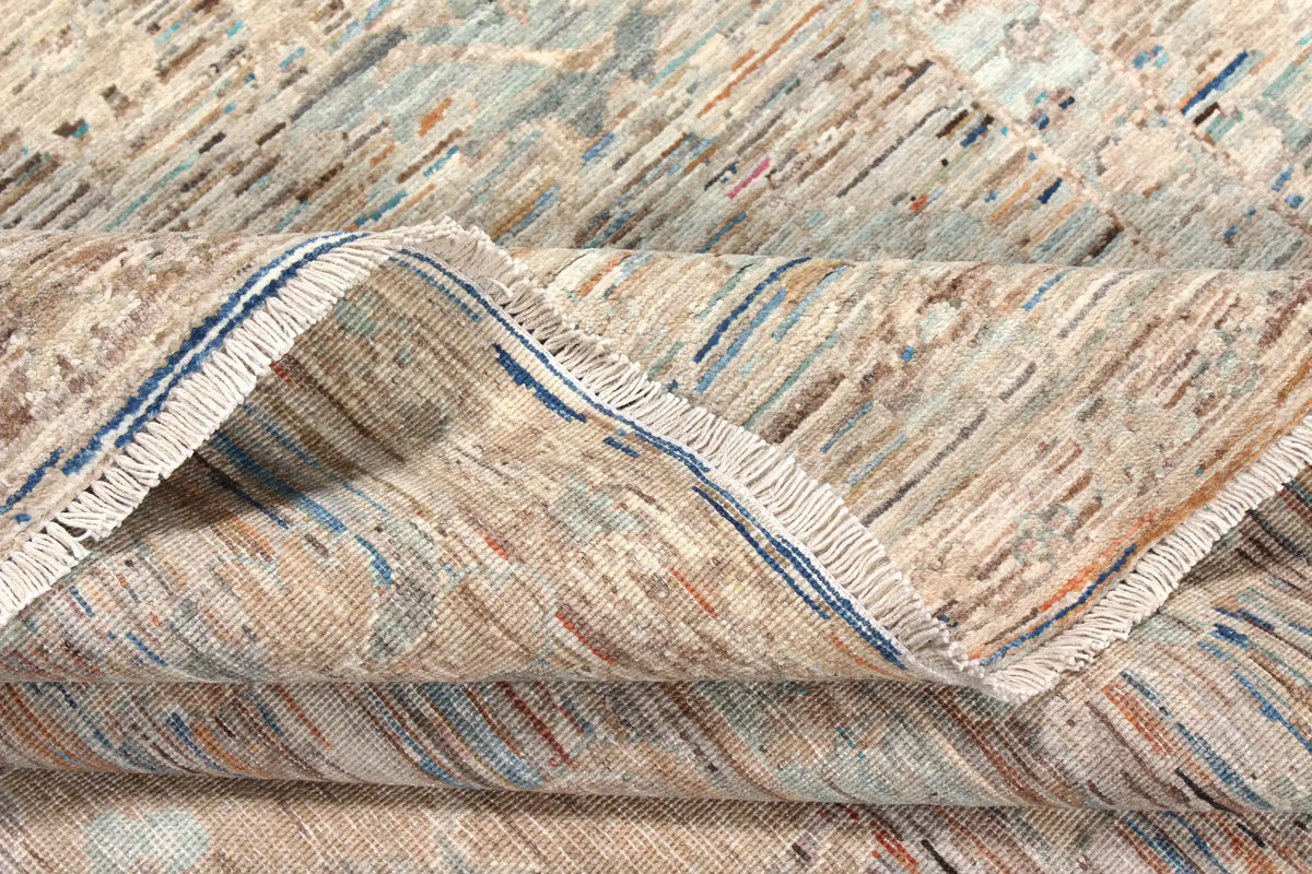 Gray-Beige Wool Rug with Blue Floral Accents, 297 × 252 cm, view 4.