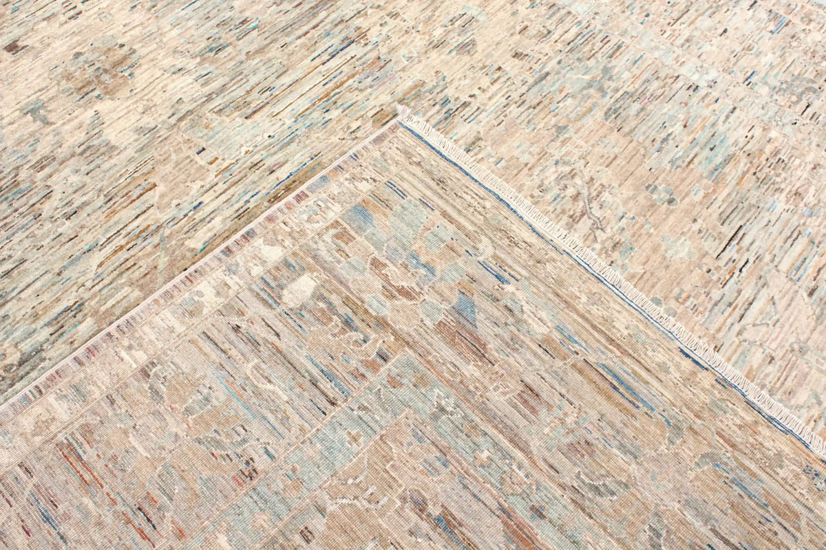 Gray-Beige Wool Rug with Blue Floral Accents, 297 × 252 cm, view 5.