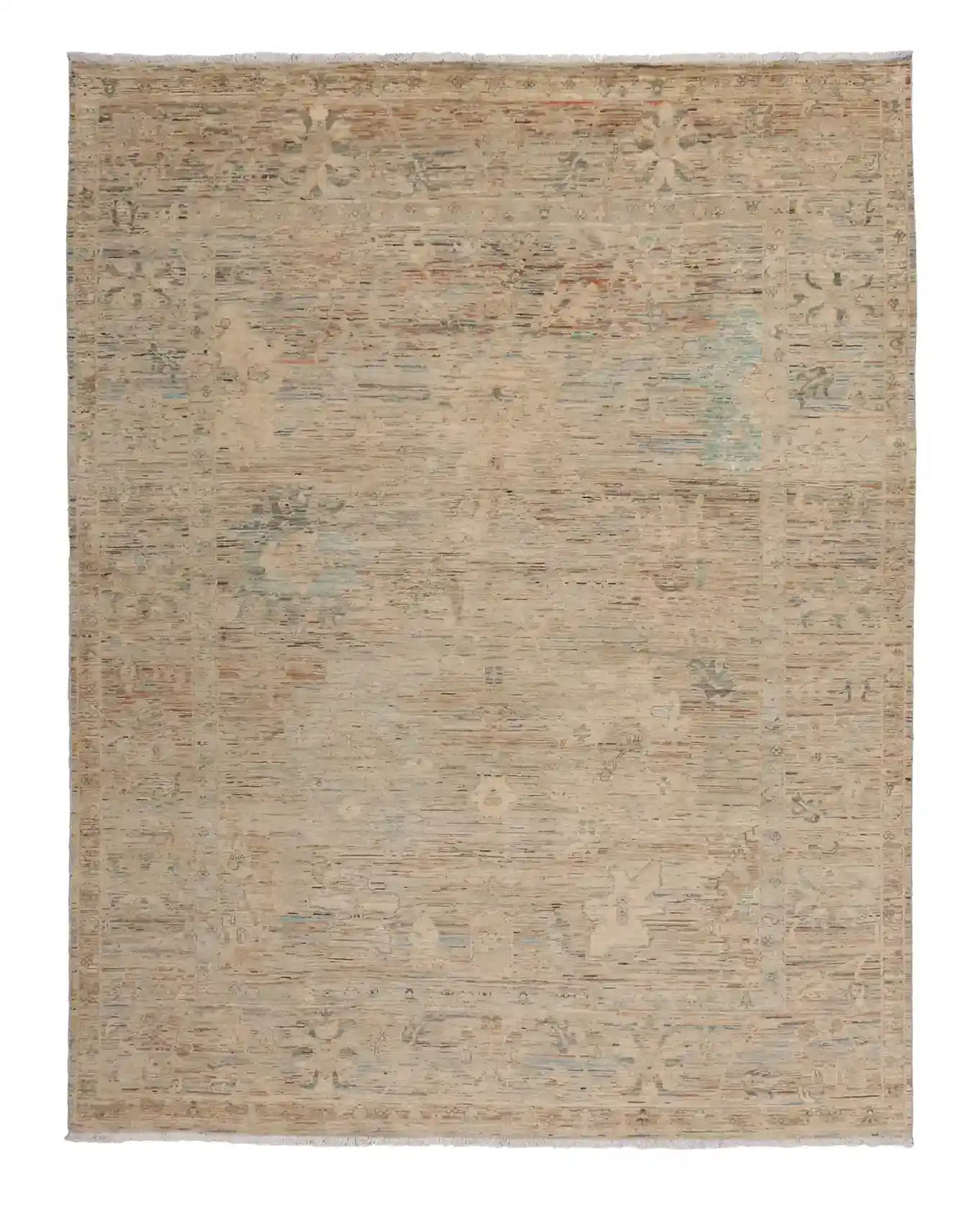 Beige Afghan Rug with Green Rosettes, 300 × 247 cm, overall view.