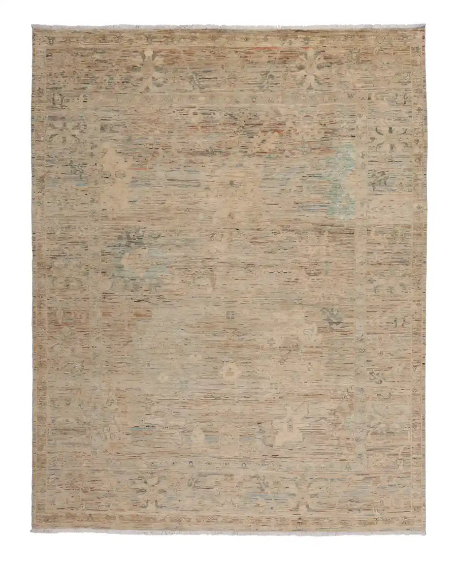 Beige Afghan Rug with Green Rosettes, 300 × 247 cm, overall view.