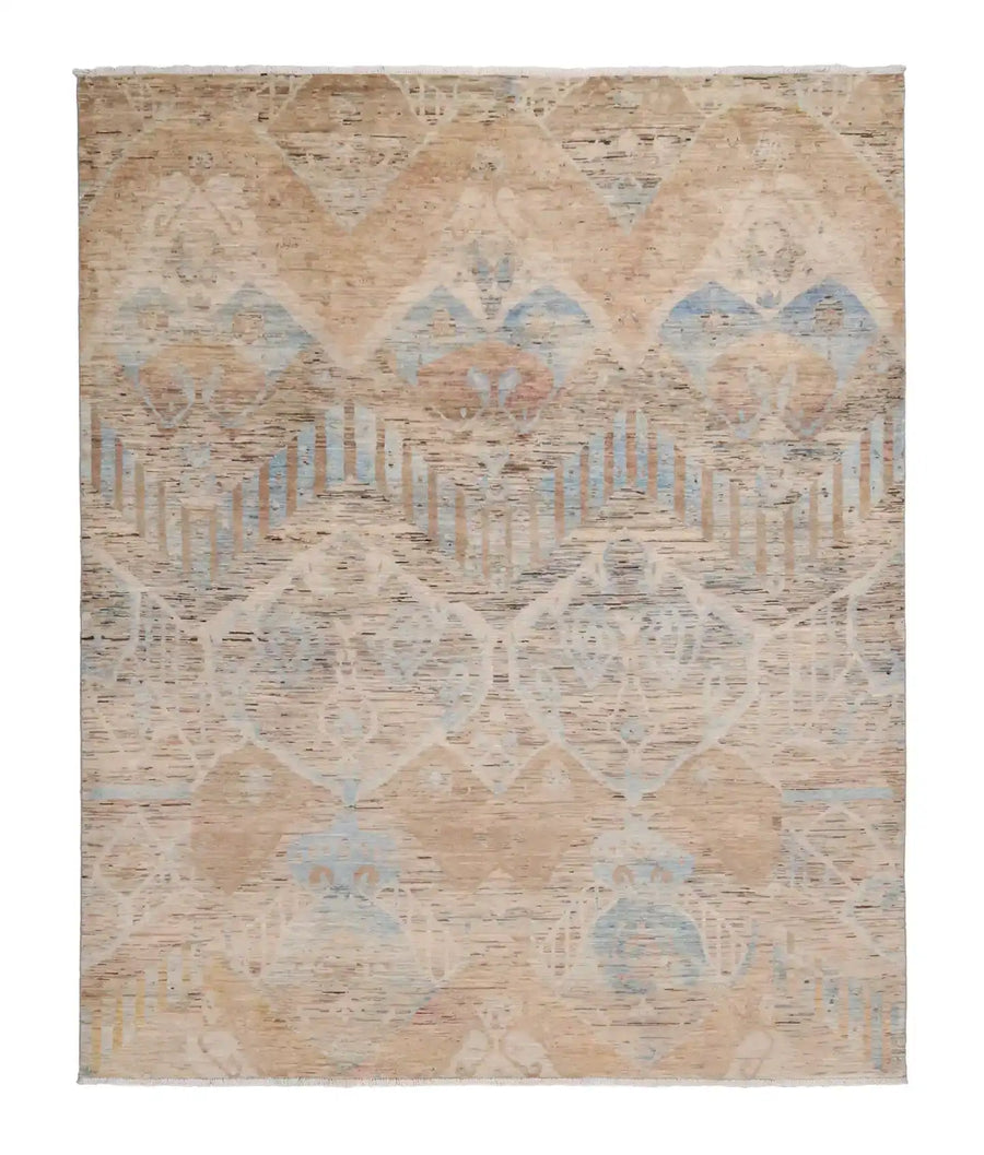 Afghan Rug with Large Sand & Blue Diamonds, 293 × 250 cm, overall view.