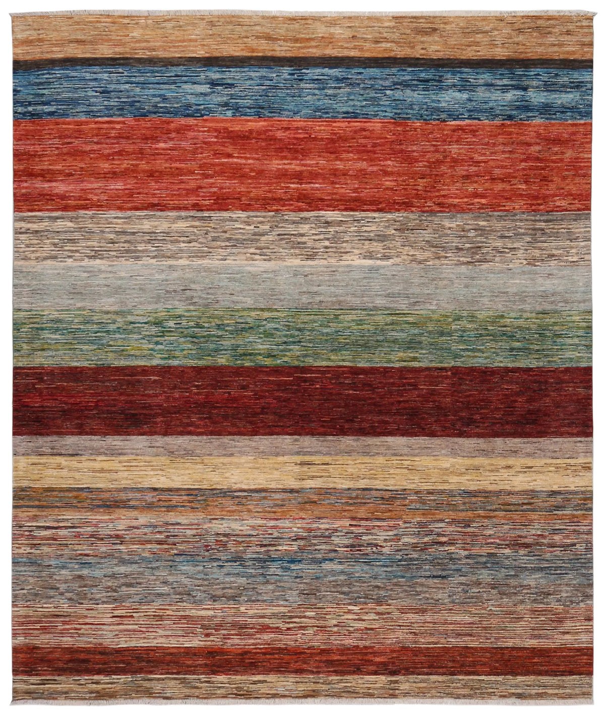 Multicolor Gabbeh Rug with Broad Horizontal Stripes, 306 × 262 cm, overall view.
