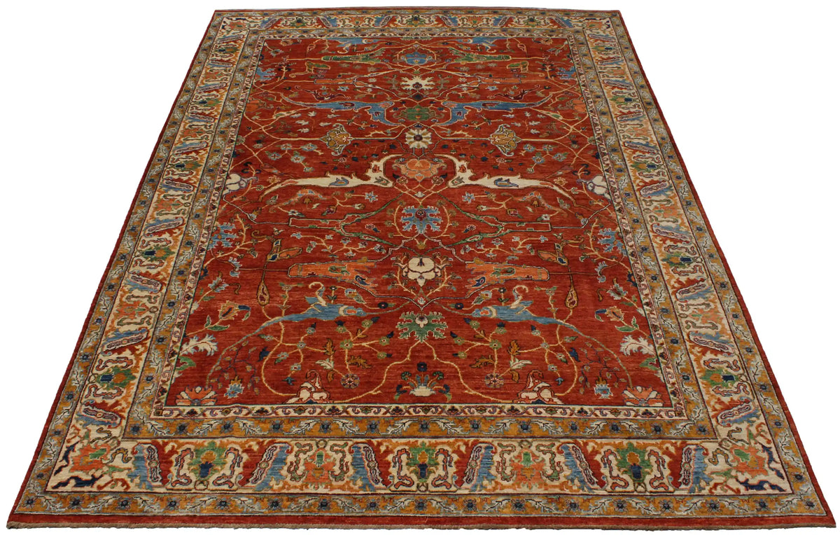 Red Taimori Rug with Blue Ornamental Border, 391 × 252 cm, view 2.