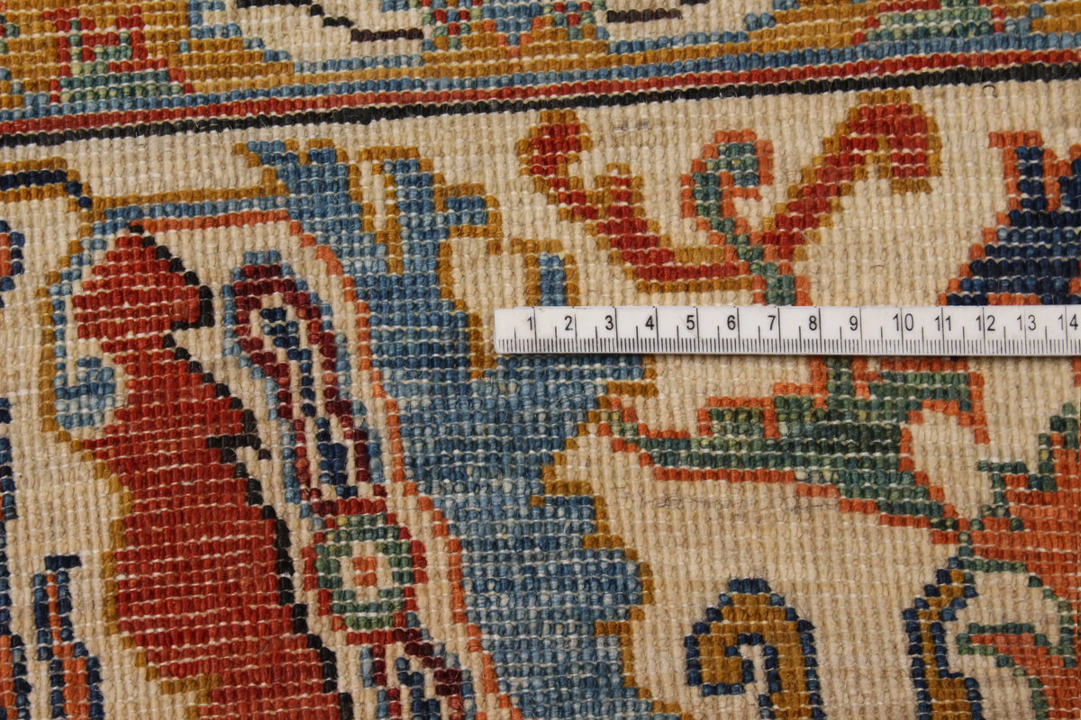 Red Taimori Rug with Blue Ornamental Border, 391 × 252 cm, view 6.