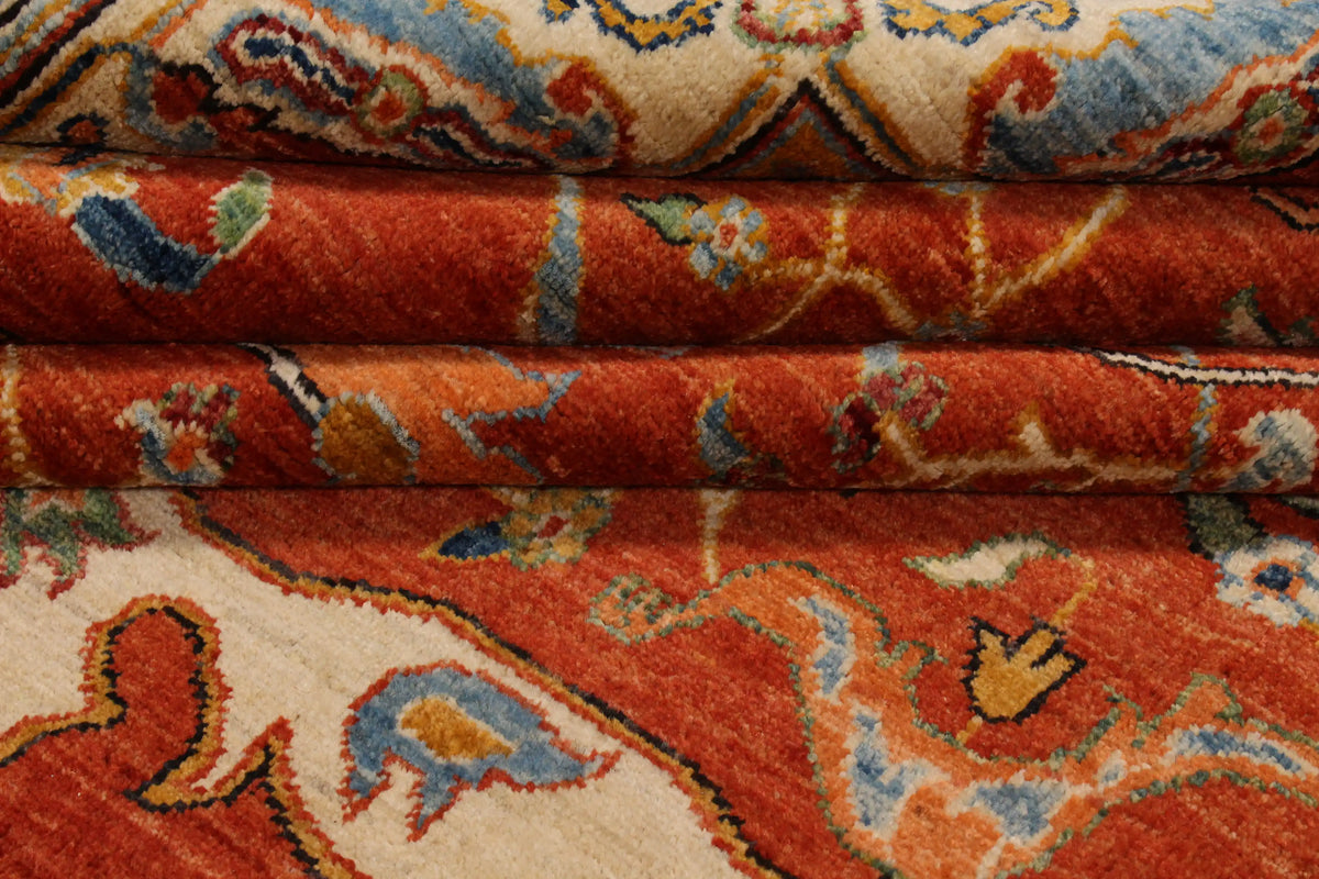 Red Taimori Rug with Blue Ornamental Border, 391 × 252 cm, view 7.