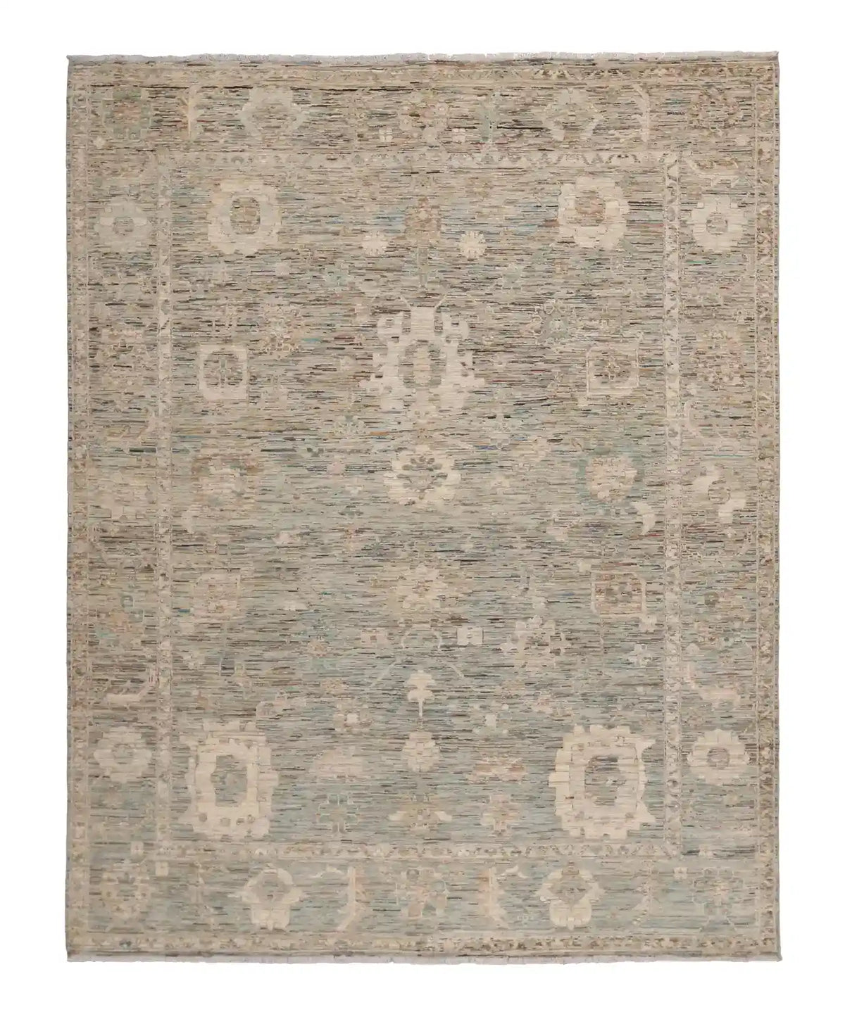 Gray Afghan Rug with Cream Rosettes, 302 × 249 cm, overall view.