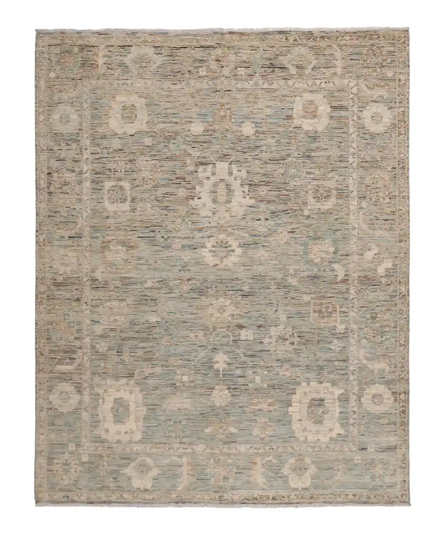 Gray Afghan Rug with Cream Rosettes, 302 × 249 cm, overall view.