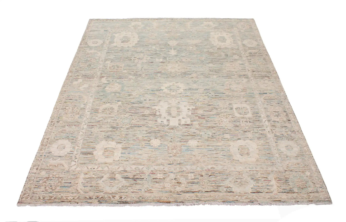 Gray Afghan Rug with Cream Rosettes, 302 × 249 cm, view 2.