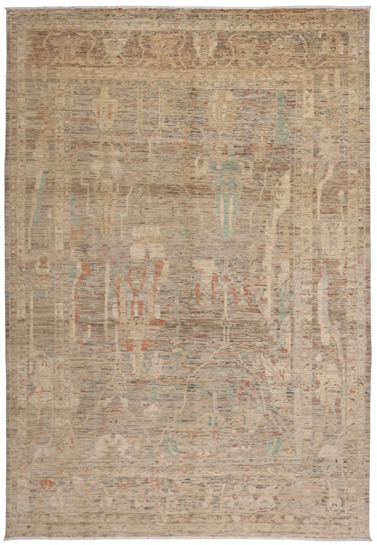 Beige Afghan Rug with Sage Green Flowers, 402 × 296 cm, overall view.