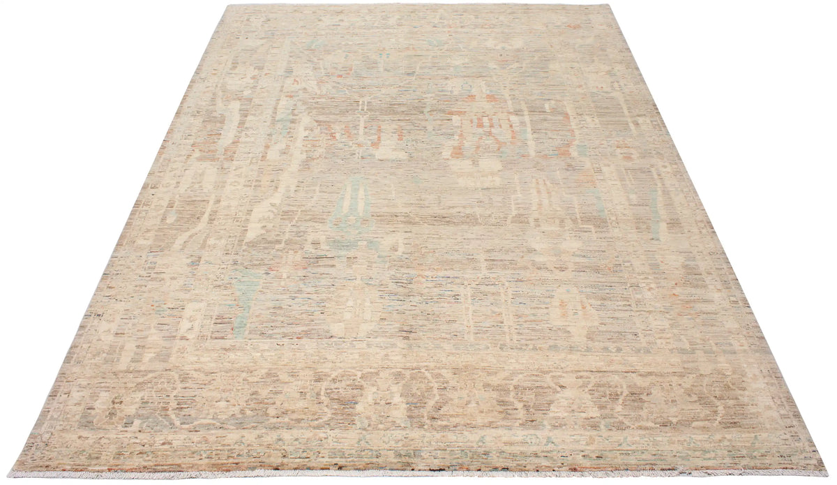 Beige Afghan Rug with Sage Green Flowers, 402 × 296 cm, view 2.