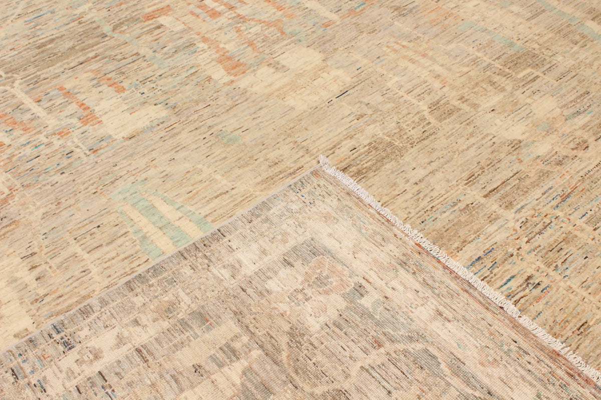 Beige Afghan Rug with Sage Green Flowers, 402 × 296 cm, view 5.