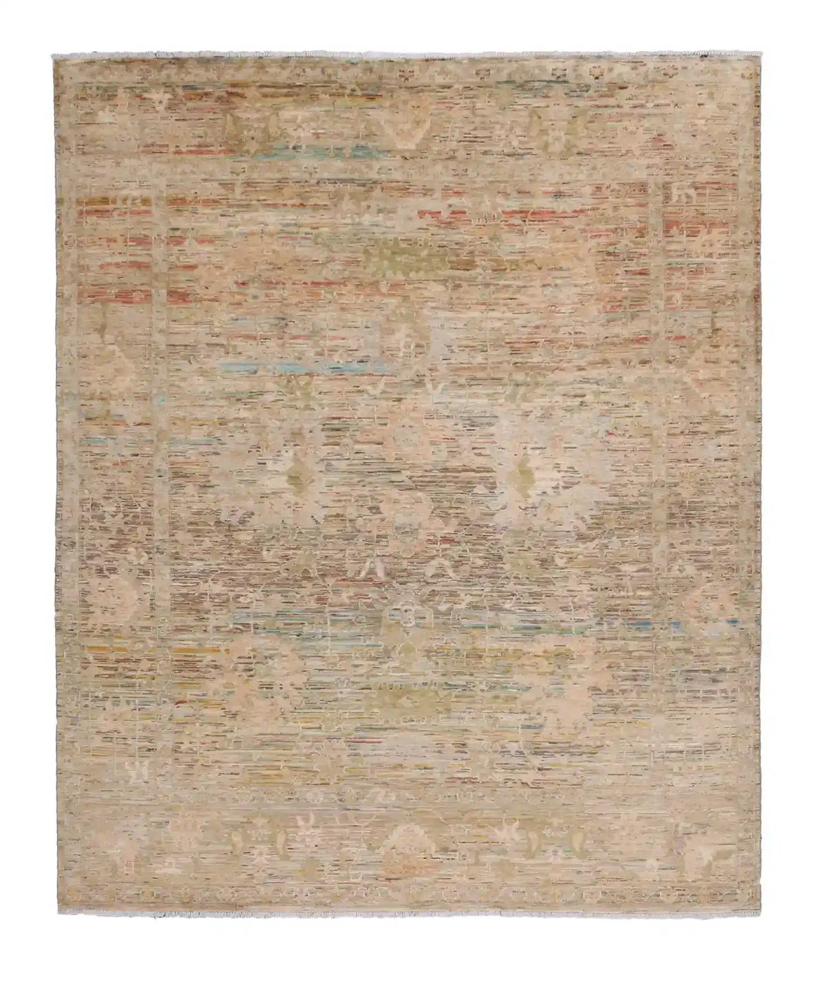 Afghan Rug with Beige & Rust Red Color Lines, 298 × 246 cm, overall view.