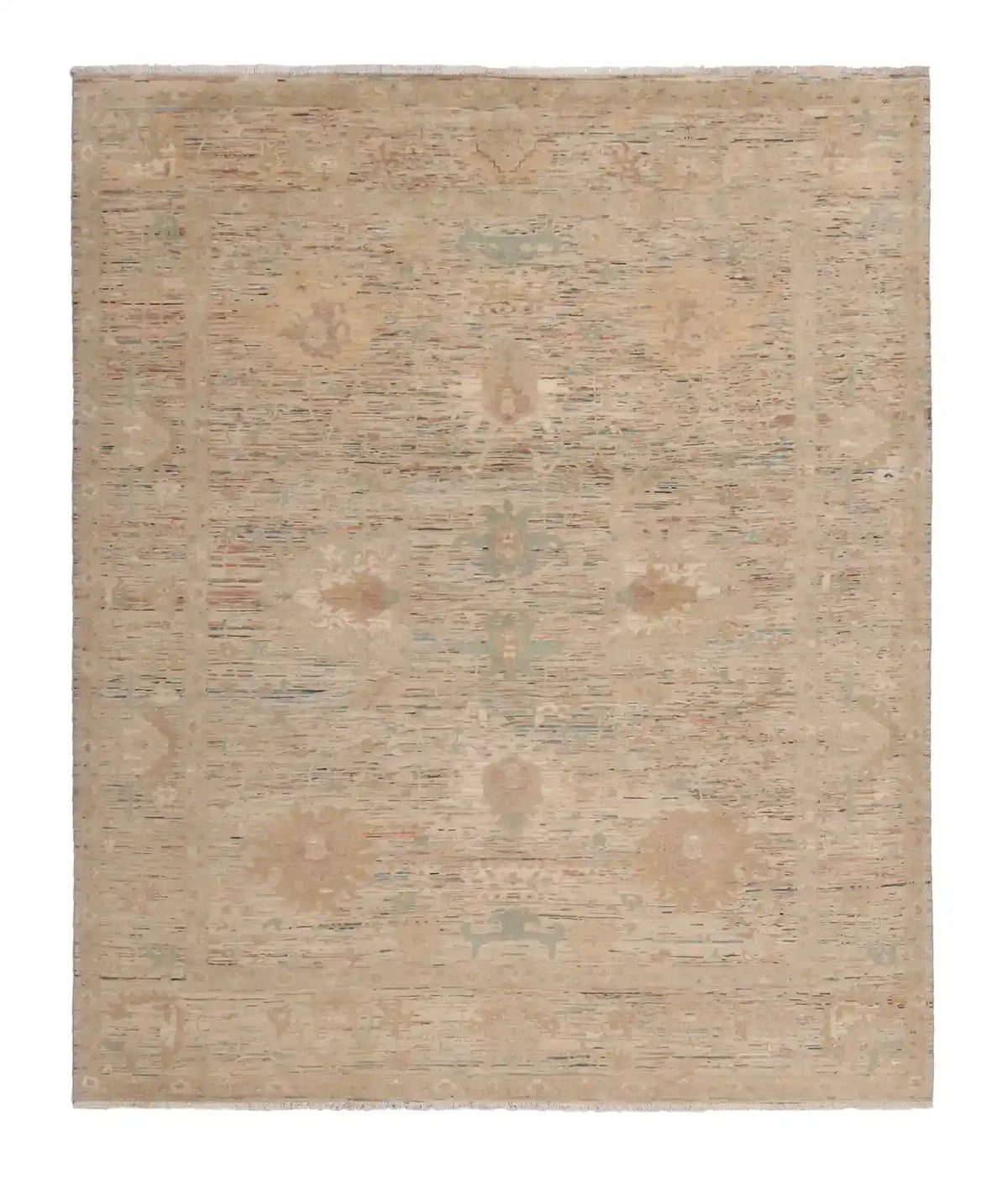 Golden Beige Afghan Rug with Green Floral Accents, 299 × 254 cm, overall view.
