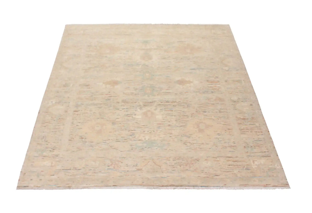 Golden Beige Afghan Rug with Green Floral Accents, 299 × 254 cm, view 2.