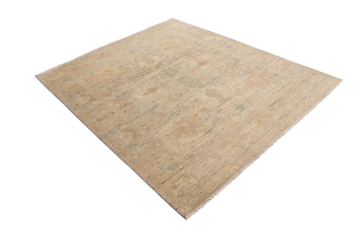 Golden Beige Afghan Rug with Green Floral Accents, 299 × 254 cm, view 3.