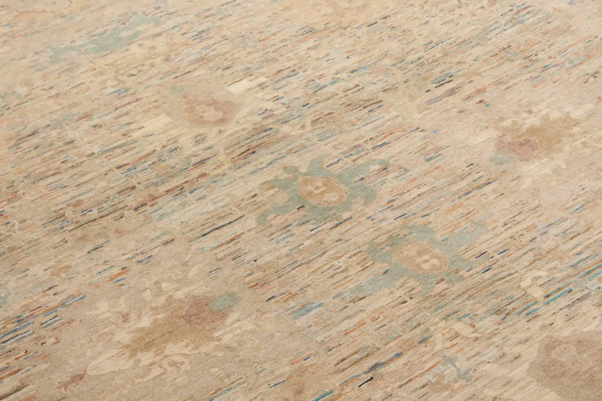 Golden Beige Afghan Rug with Green Floral Accents, 299 × 254 cm, view 4.