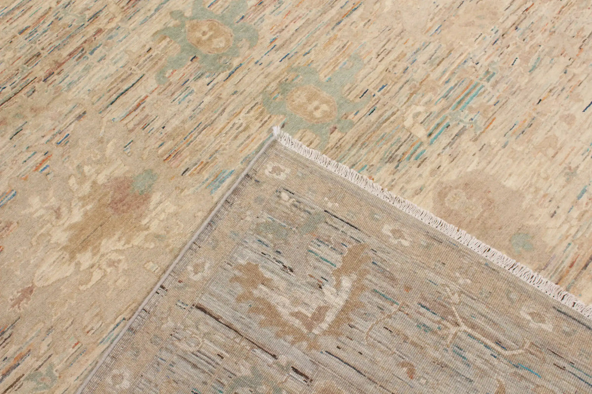 Golden Beige Afghan Rug with Green Floral Accents, 299 × 254 cm, view 5.