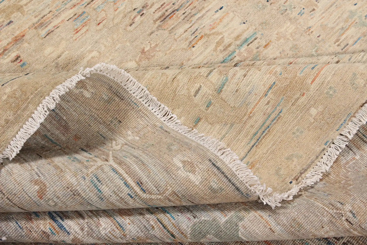 Golden Beige Afghan Rug with Green Floral Accents, 299 × 254 cm, view 8.