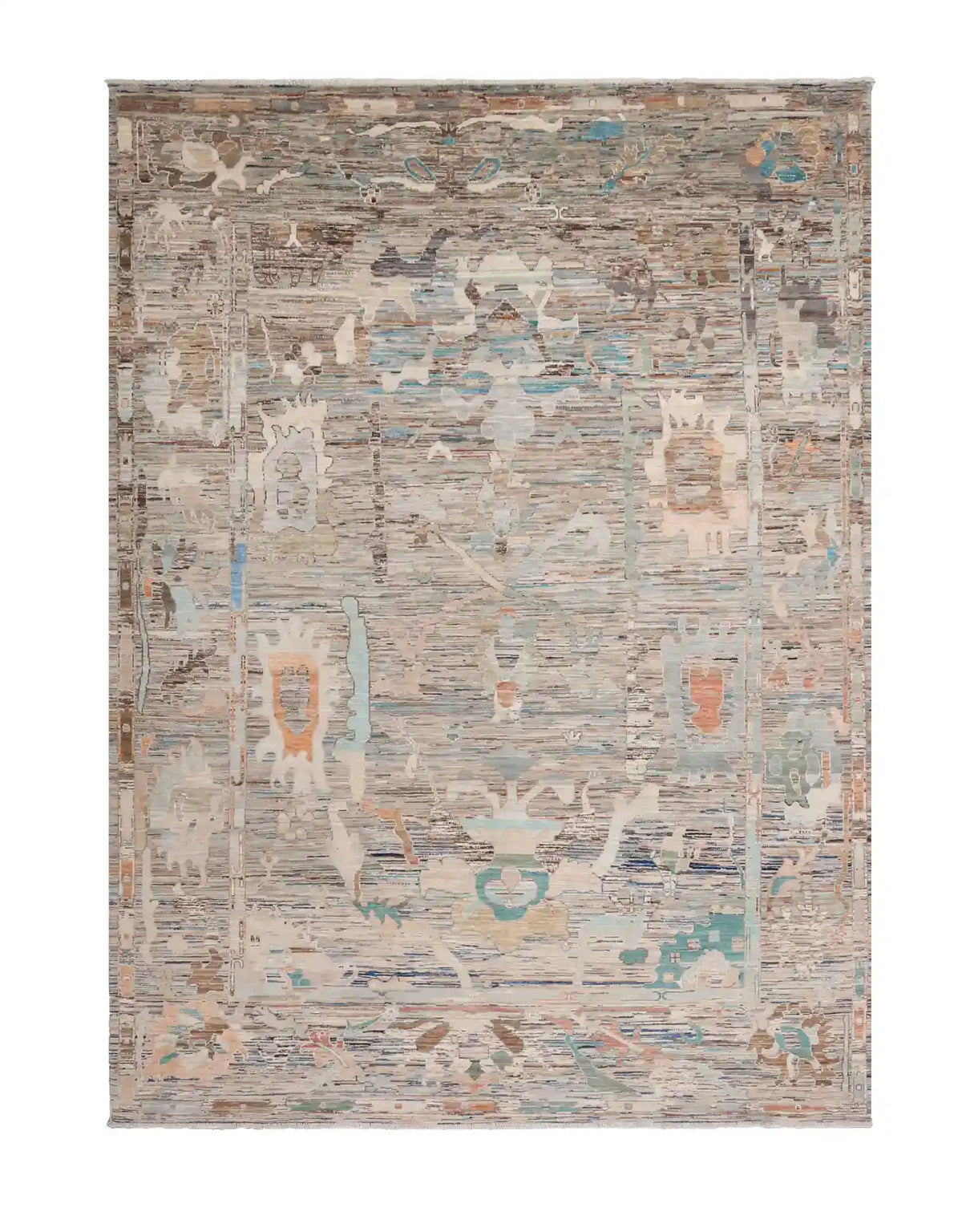 Light Blue Afghan Rug with Colorful Abstract Flowers, 316 × 240 cm, overall view.