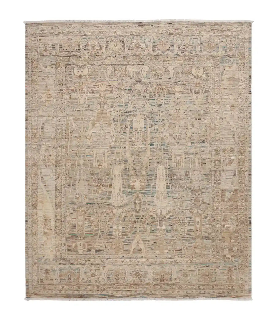 Greige Afghan Rug with Long Leaf Ornaments, 299 × 247 cm, overall view.