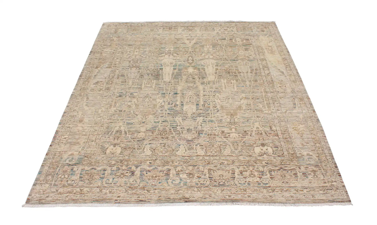 Greige Afghan Rug with Long Leaf Ornaments, 299 × 247 cm, view 2.