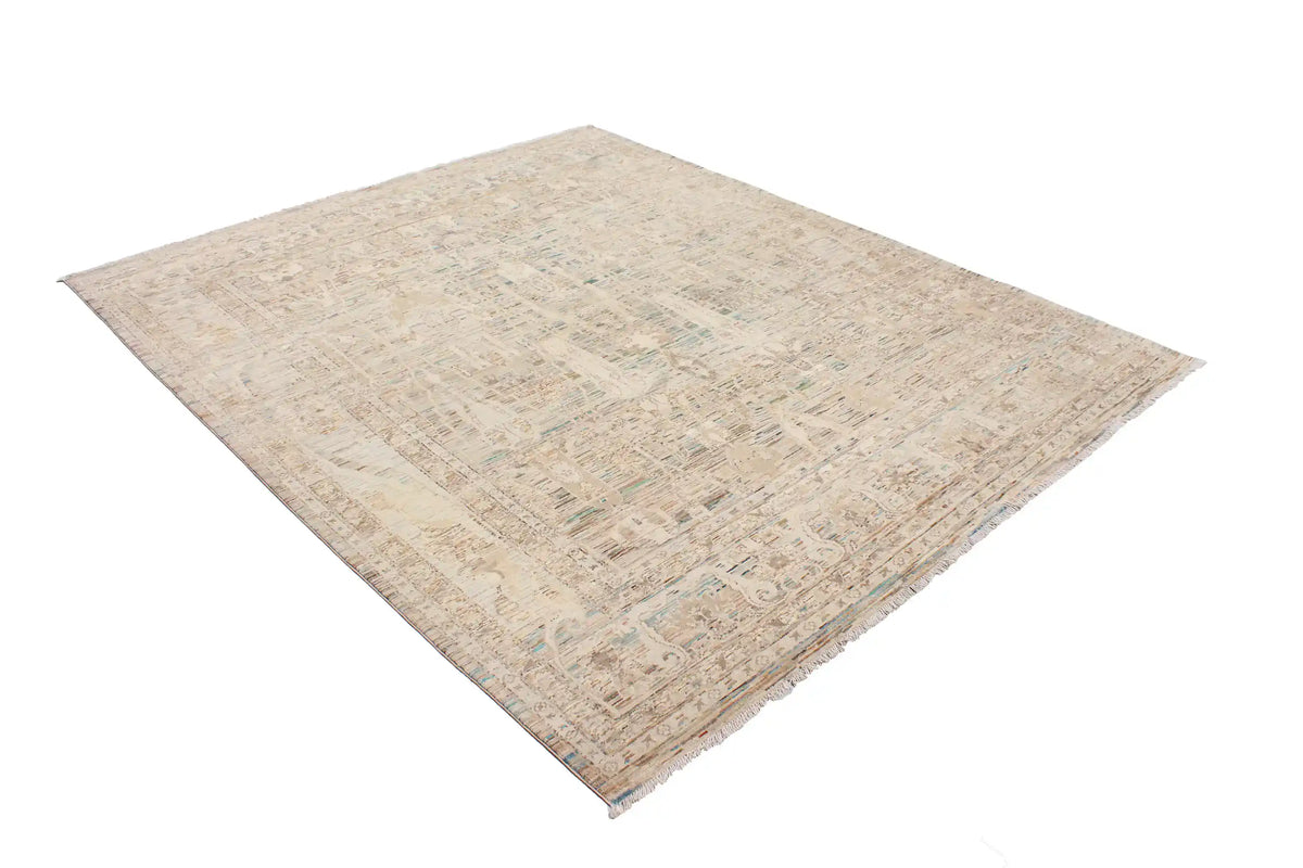 Greige Afghan Rug with Long Leaf Ornaments, 299 × 247 cm, view 3.